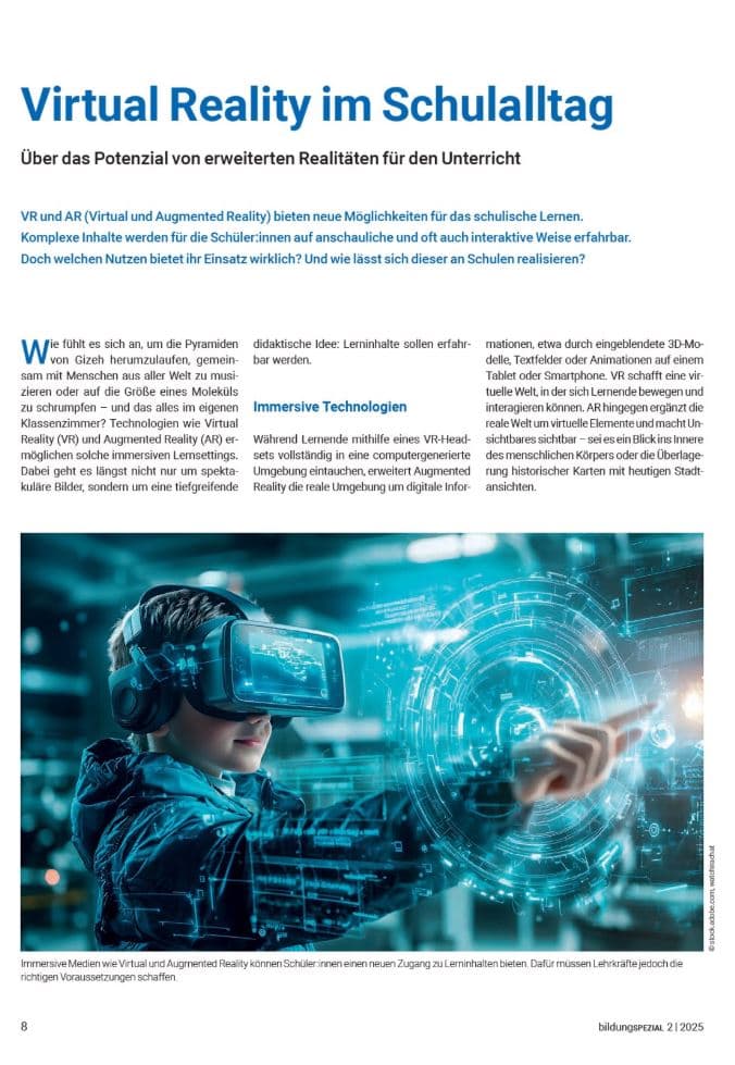 Magazine page from bildungSPEZIAL 2/25 titled “Virtual Reality in Everyday School Life.”