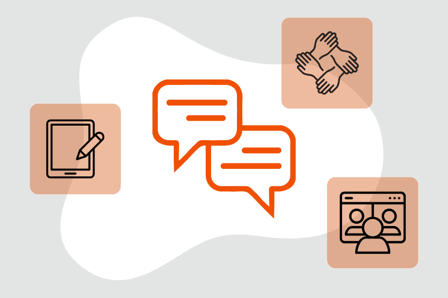 Verschiedene Zeichnungen von Sprechblasen, einem Tablet und ineinandergreifenden Händen